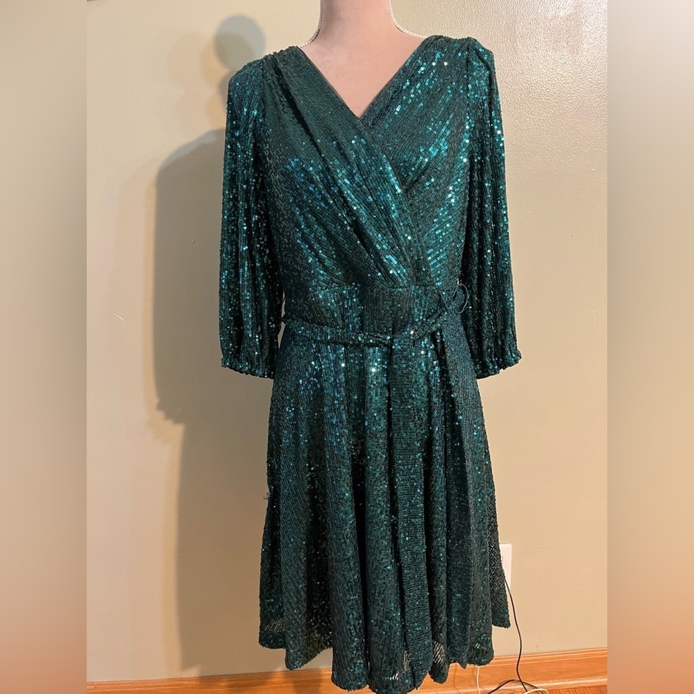 DKNY Green sequin party dress waist tie A Line Preppy Size US 12